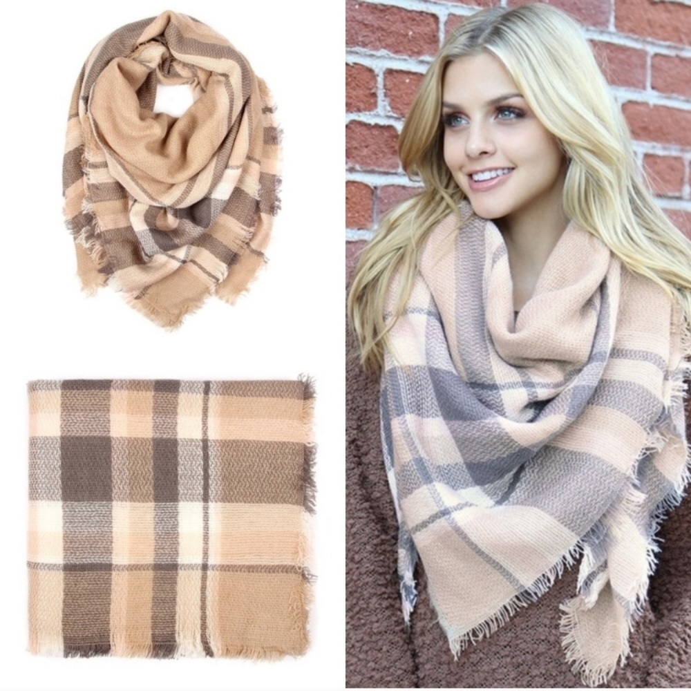 New! Large Plaid Tartan Fringe Scarf Shawl Tan brown